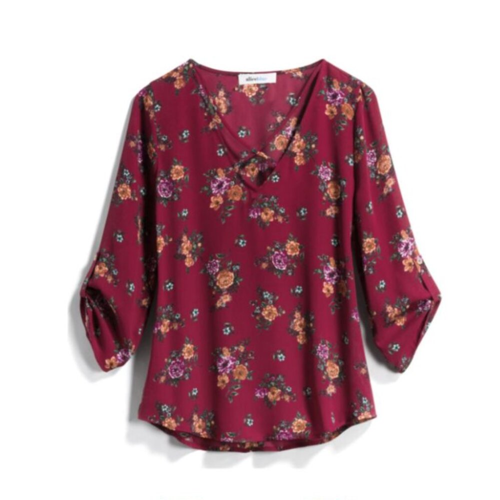 Alice Blue S Stitch Fix Burgundy Floral Print Chiffon Strappy V-Neck Blouse Top